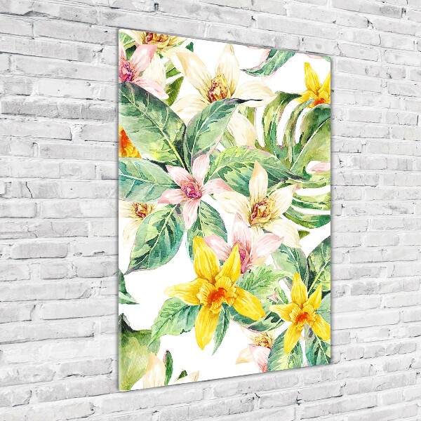Cuadro decorativo en acrílico brillante vertical flores tropicales