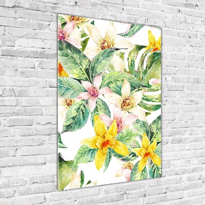 Cuadro decorativo en acrílico brillante vertical flores tropicales