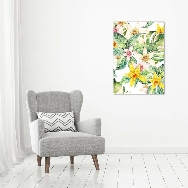 Cuadro decorativo en acrílico brillante vertical flores tropicales