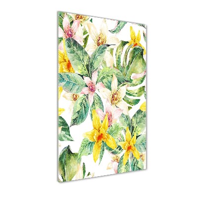 Cuadro decorativo en acrílico brillante vertical flores tropicales
