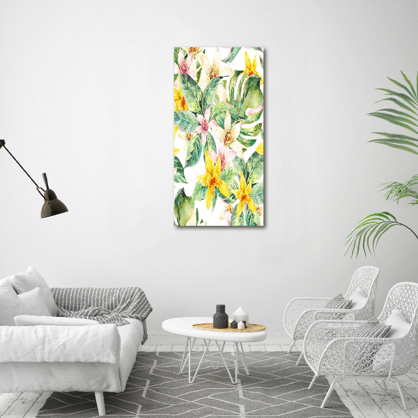 Cuadro decorativo en acrílico brillante vertical flores tropicales