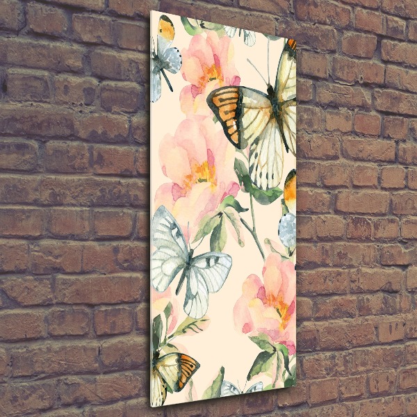 Cuadro de metacrilato moderno efecto cristal vertical Rosas y mariposas