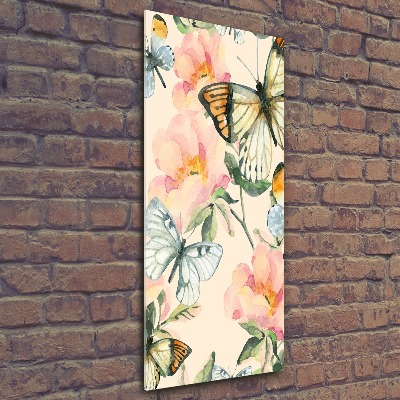 Cuadro de metacrilato moderno efecto cristal vertical Rosas y mariposas