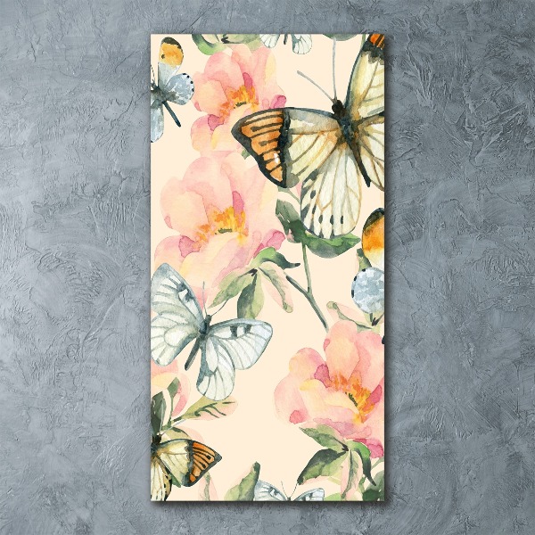Cuadro de metacrilato moderno efecto cristal vertical Rosas y mariposas