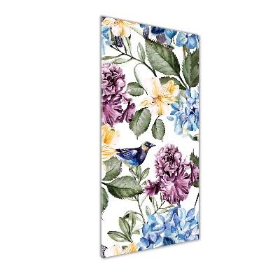 Cuadro decorativo en acrílico brillante vertical Flores y pájaros