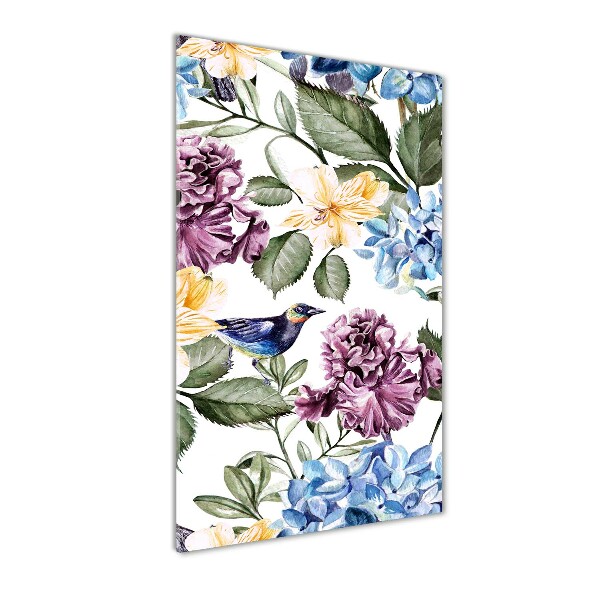 Cuadro decorativo en acrílico brillante vertical Flores y pájaros