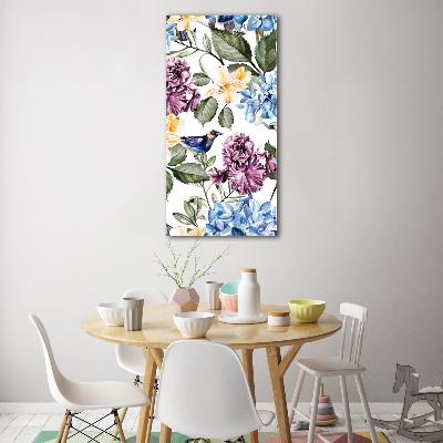 Cuadro decorativo en acrílico brillante vertical Flores y pájaros