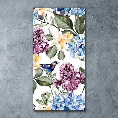 Cuadro decorativo en acrílico brillante vertical Flores y pájaros