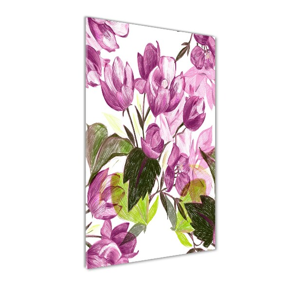 Cuadro de metacrilato moderno efecto cristal vertical flores moradas