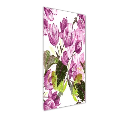 Cuadro de metacrilato moderno efecto cristal vertical flores moradas