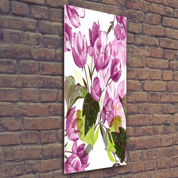 Cuadro de metacrilato moderno efecto cristal vertical flores moradas
