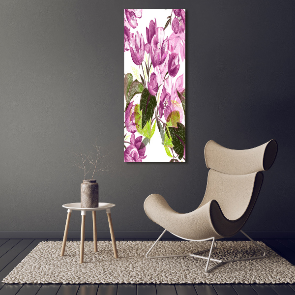 Cuadro de metacrilato moderno efecto cristal vertical flores moradas