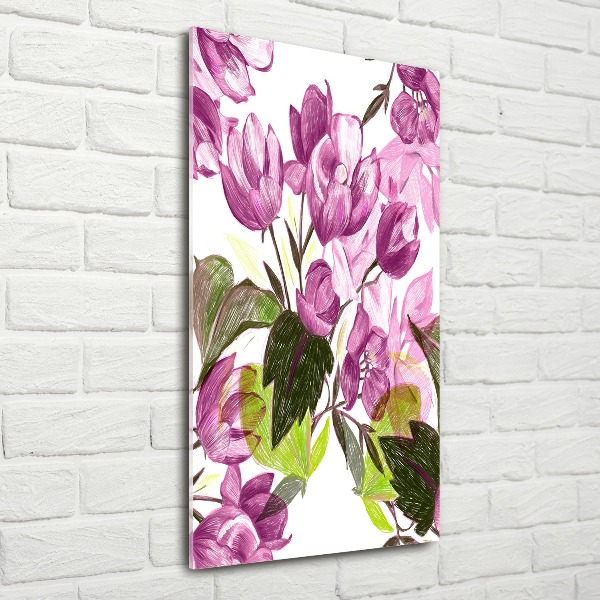 Cuadro de metacrilato moderno efecto cristal vertical flores moradas