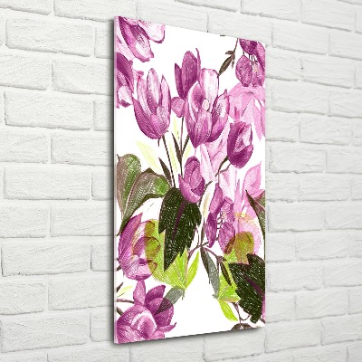 Cuadro de metacrilato moderno efecto cristal vertical flores moradas
