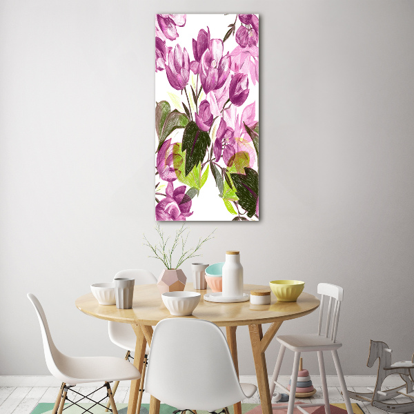 Cuadro de metacrilato moderno efecto cristal vertical flores moradas