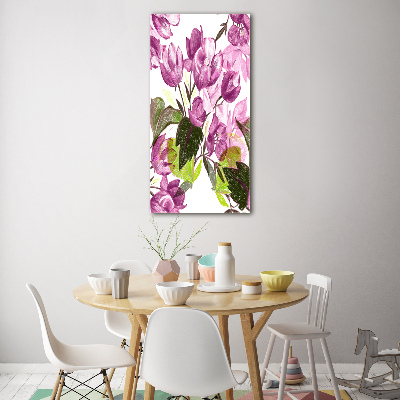 Cuadro de metacrilato moderno efecto cristal vertical flores moradas