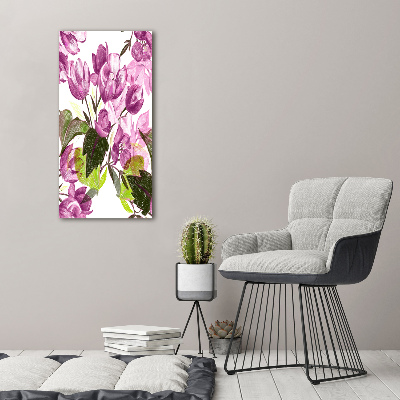 Cuadro de metacrilato moderno efecto cristal vertical flores moradas