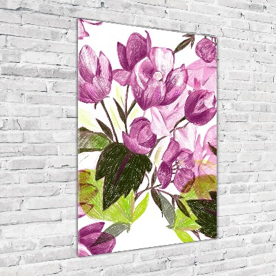 Cuadro de metacrilato moderno efecto cristal vertical flores moradas