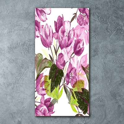 Cuadro de metacrilato moderno efecto cristal vertical flores moradas