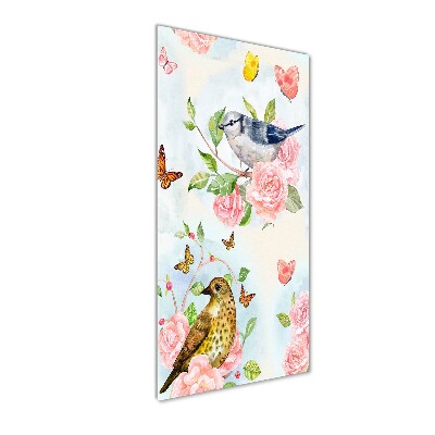 Cuadro decorativo en acrílico brillante vertical Pájaros mariposas rosas