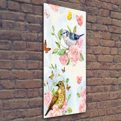 Cuadro decorativo en acrílico brillante vertical Pájaros mariposas rosas