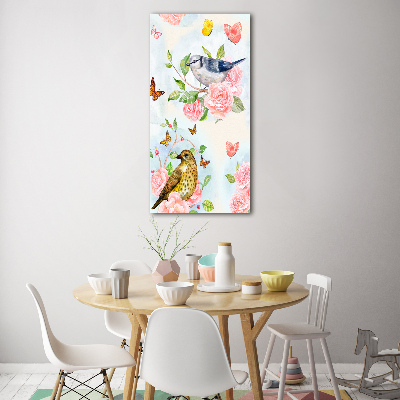 Cuadro decorativo en acrílico brillante vertical Pájaros mariposas rosas