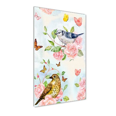 Cuadro decorativo en acrílico brillante vertical Pájaros mariposas rosas