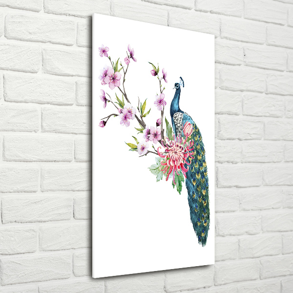 Cuadro de metacrilato vertical Pavo real y flores