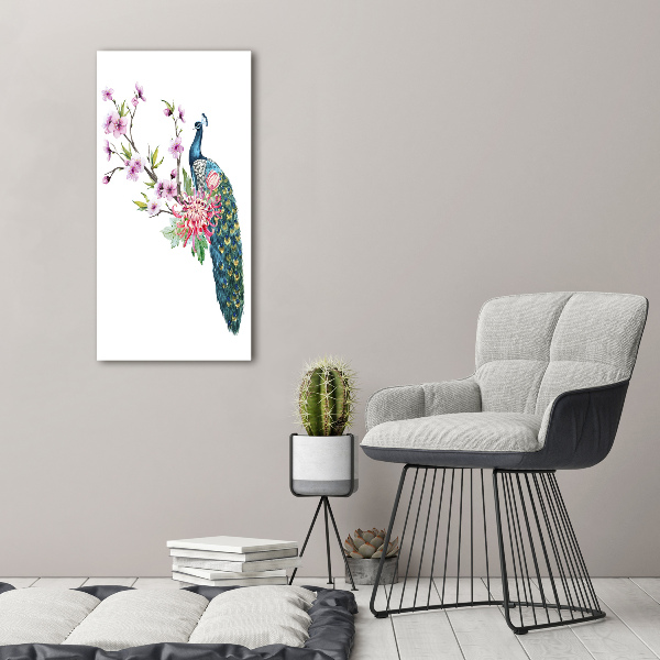 Cuadro de metacrilato vertical Pavo real y flores