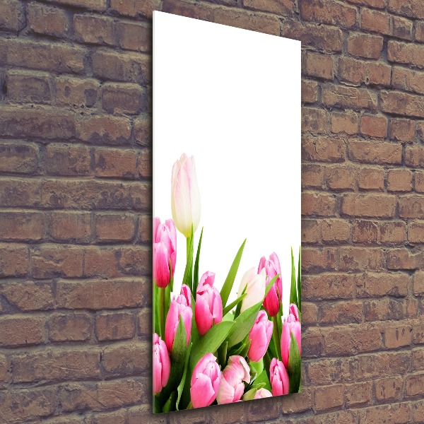 Cuadro de metacrilato moderno efecto cristal vertical tulipanes rosados