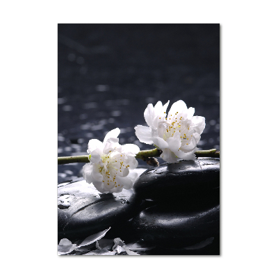 Cuadro decorativo en acrílico brillante vertical Flores y piedras