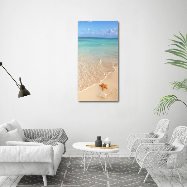 Cuadro decorativo en acrílico brillante vertical Estrellas de mar en la playa