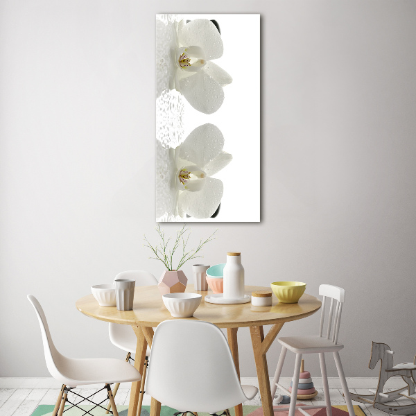 Cuadro decorativo en acrílico brillante vertical Orquídea y piedras