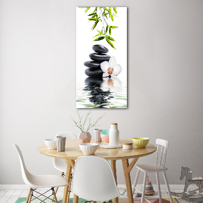 Cuadro de metacrilato moderno efecto cristal vertical Orquídea y piedras
