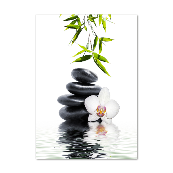 Cuadro de metacrilato moderno efecto cristal vertical Orquídea y piedras