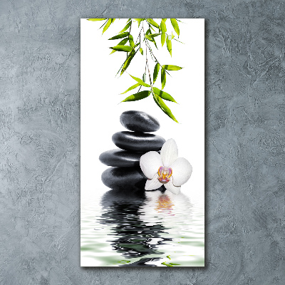 Cuadro de metacrilato moderno efecto cristal vertical Orquídea y piedras