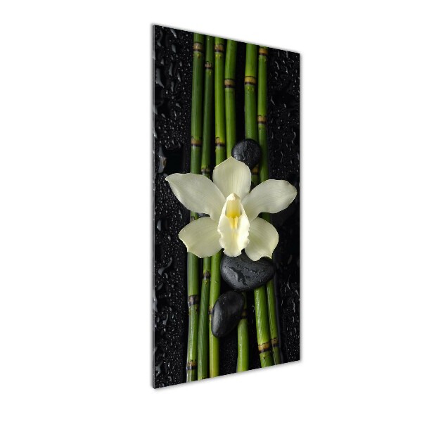Cuadro decorativo en acrílico brillante vertical Orquídea y bambú