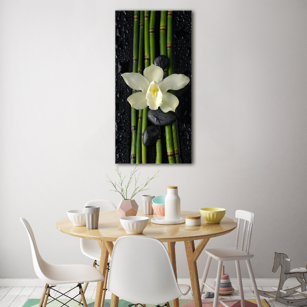Cuadro decorativo en acrílico brillante vertical Orquídea y bambú