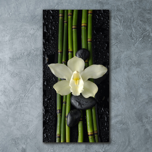 Cuadro decorativo en acrílico brillante vertical Orquídea y bambú