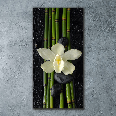 Cuadro decorativo en acrílico brillante vertical Orquídea y bambú