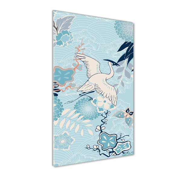 Cuadro de metacrilato moderno efecto cristal vertical Grulla y flores