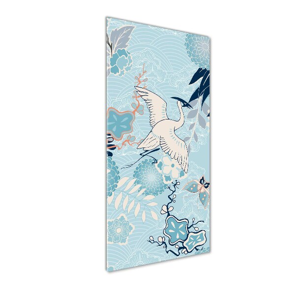 Cuadro de metacrilato moderno efecto cristal vertical Grulla y flores