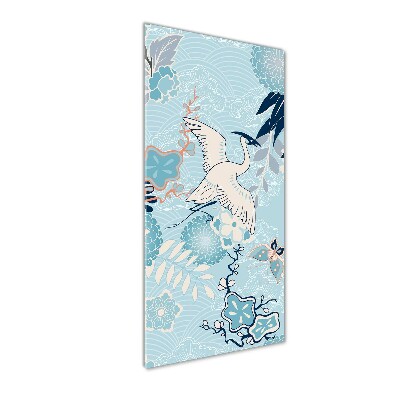 Cuadro de metacrilato moderno efecto cristal vertical Grulla y flores