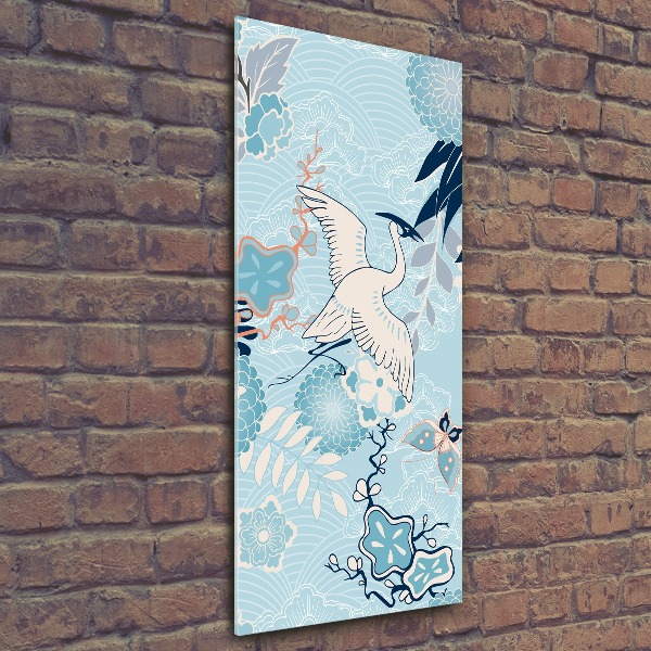 Cuadro de metacrilato moderno efecto cristal vertical Grulla y flores