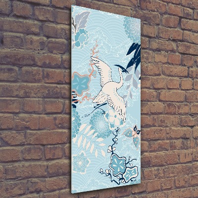 Cuadro de metacrilato moderno efecto cristal vertical Grulla y flores