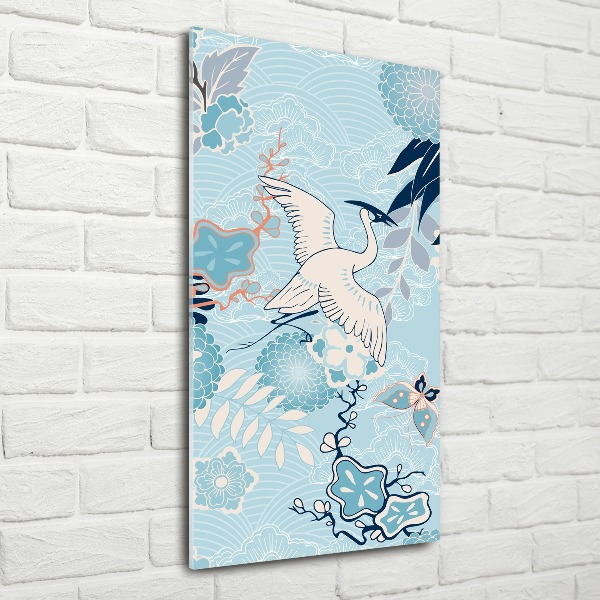 Cuadro de metacrilato moderno efecto cristal vertical Grulla y flores