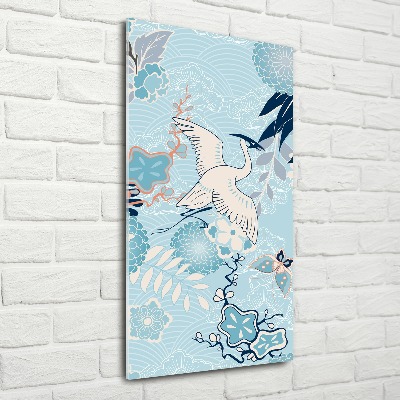 Cuadro de metacrilato moderno efecto cristal vertical Grulla y flores