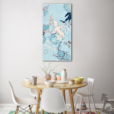 Cuadro de metacrilato moderno efecto cristal vertical Grulla y flores