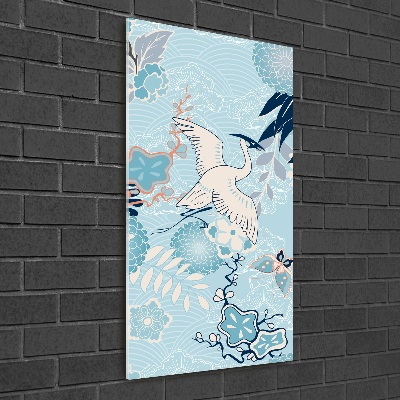 Cuadro de metacrilato moderno efecto cristal vertical Grulla y flores