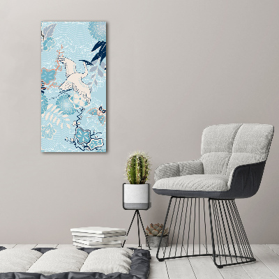 Cuadro de metacrilato moderno efecto cristal vertical Grulla y flores